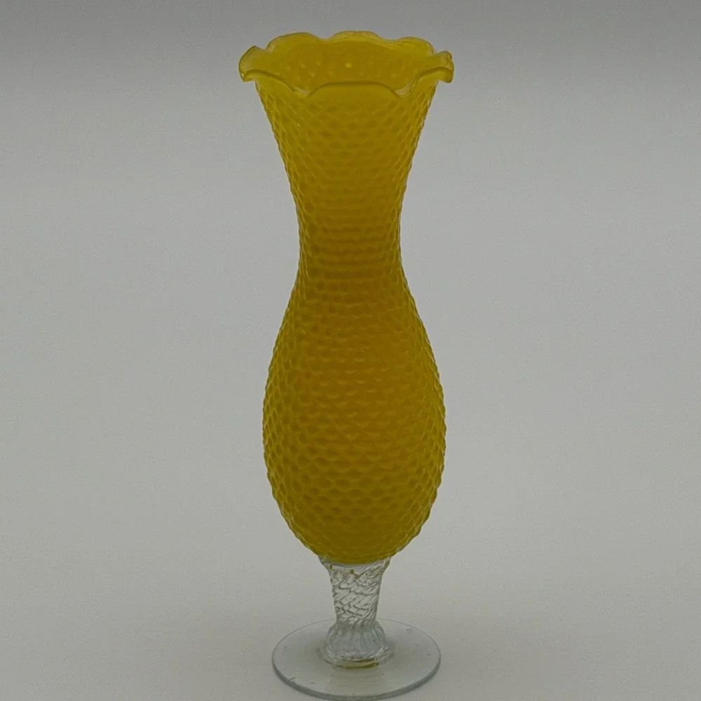 Vintage Yellow Satin Hobnail Glass Bud‎ Vase Clear Twisted Stem Ruffled Rim 10in